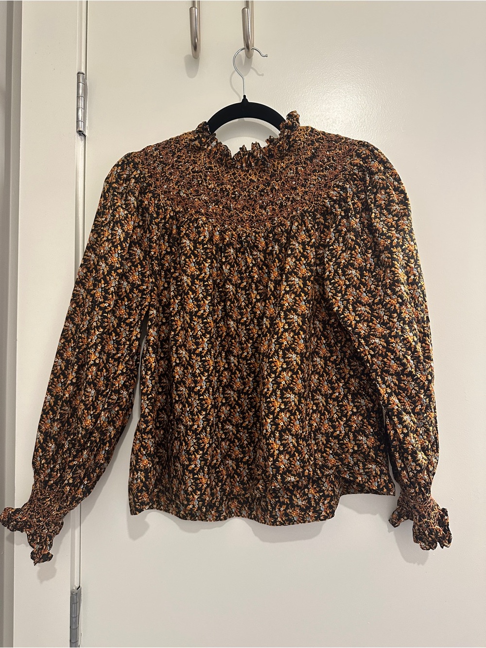 Doen Black Floral Smocked High-Neck Blouse with Brown and Cream Accents